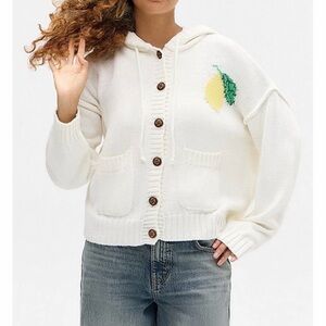 BDG White Hooded Button-Up Cardigan with Yellow Lemon Motif